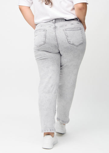 Regular jeans for women in light grey, color Ashes. Back view on a plus-size model, showing the full fit.