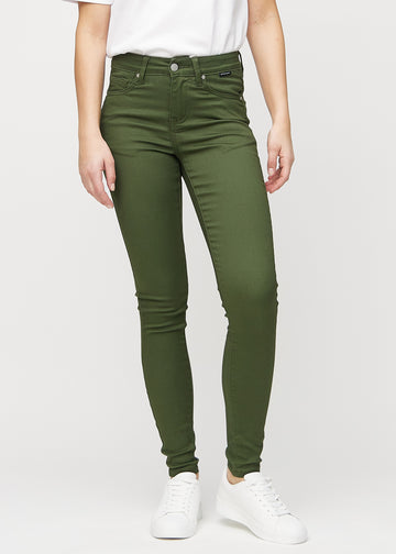 Dark green skinny jeans, model name Renewals, which fit tightly on the leg, seen from the front.