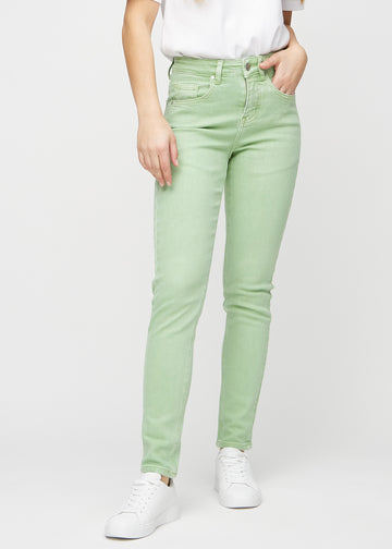 Slim jeans for women in light green, color Mints. Front view on a model, showing a close fit through the leg with a little more room at the ankle.