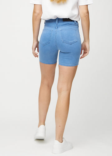 Blue skinny short shorts seen from the back, so the full product is visible.