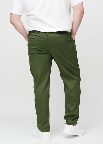 Dark green regular jeans seen from the back on a plus-size model, so the entire product can be seen.